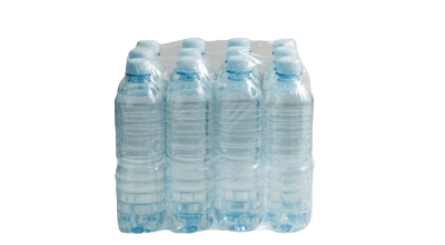 Custom-labelled water bottles set out at an event